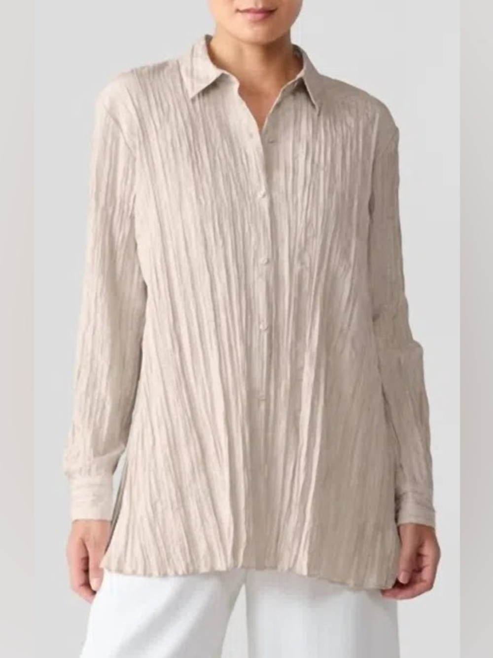 Eileen Fisher Crinkle Silk Habutai Classic Collar Silk Shirt in Wheat NEW